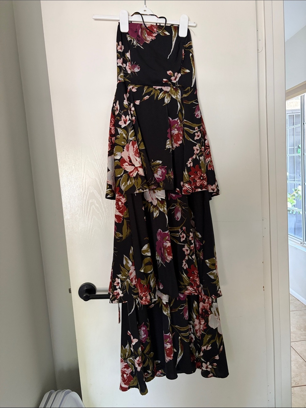 Lulu's Black Strapless Floral Tiered Maxi Dress